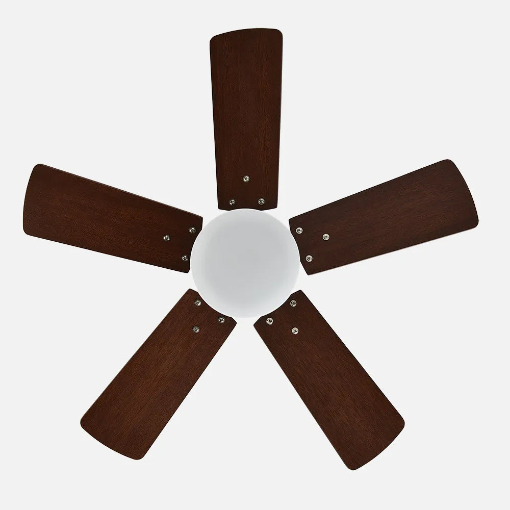 Ventilador de techo DC Marta 76 cm con luz LED de FABRILAMP en color cuero/cerezo – cuero/nogal – vista de detalle