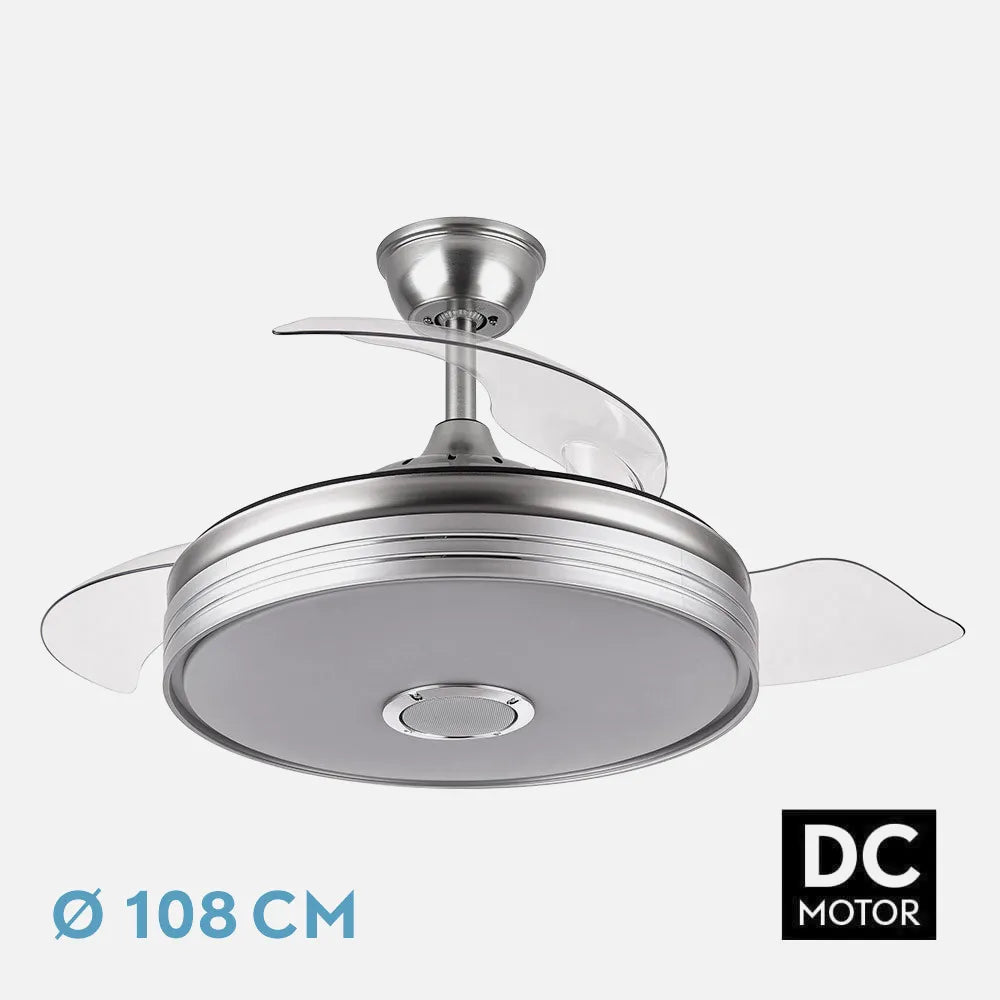 Ventilador de techo DC Matanuska 108 cm con aspas retráctiles y luz LED de FABRILAMP en color níquel – vista de detalle