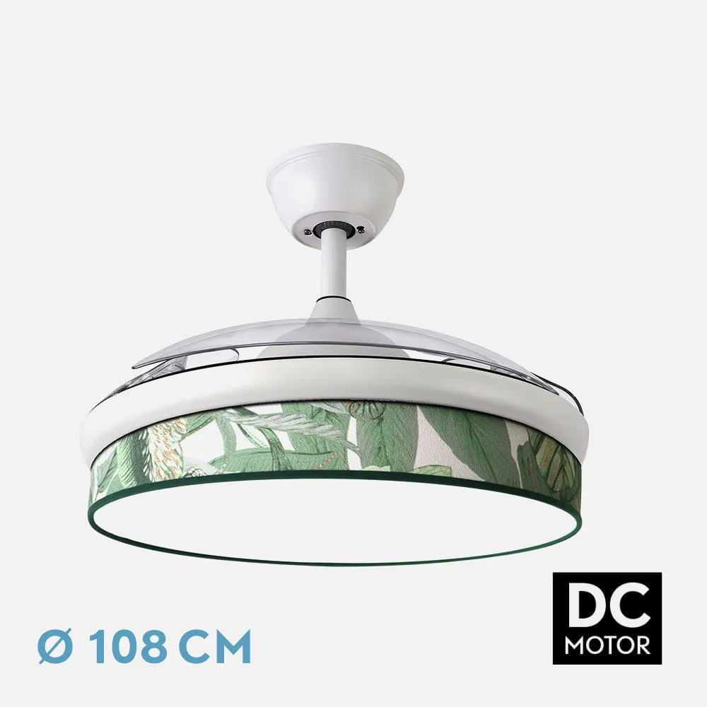 Ventilador de techo DC Moda 108 cm con aspas retráctiles y luz LED de FABRILAMP en color blanco/verde – vista de detalle