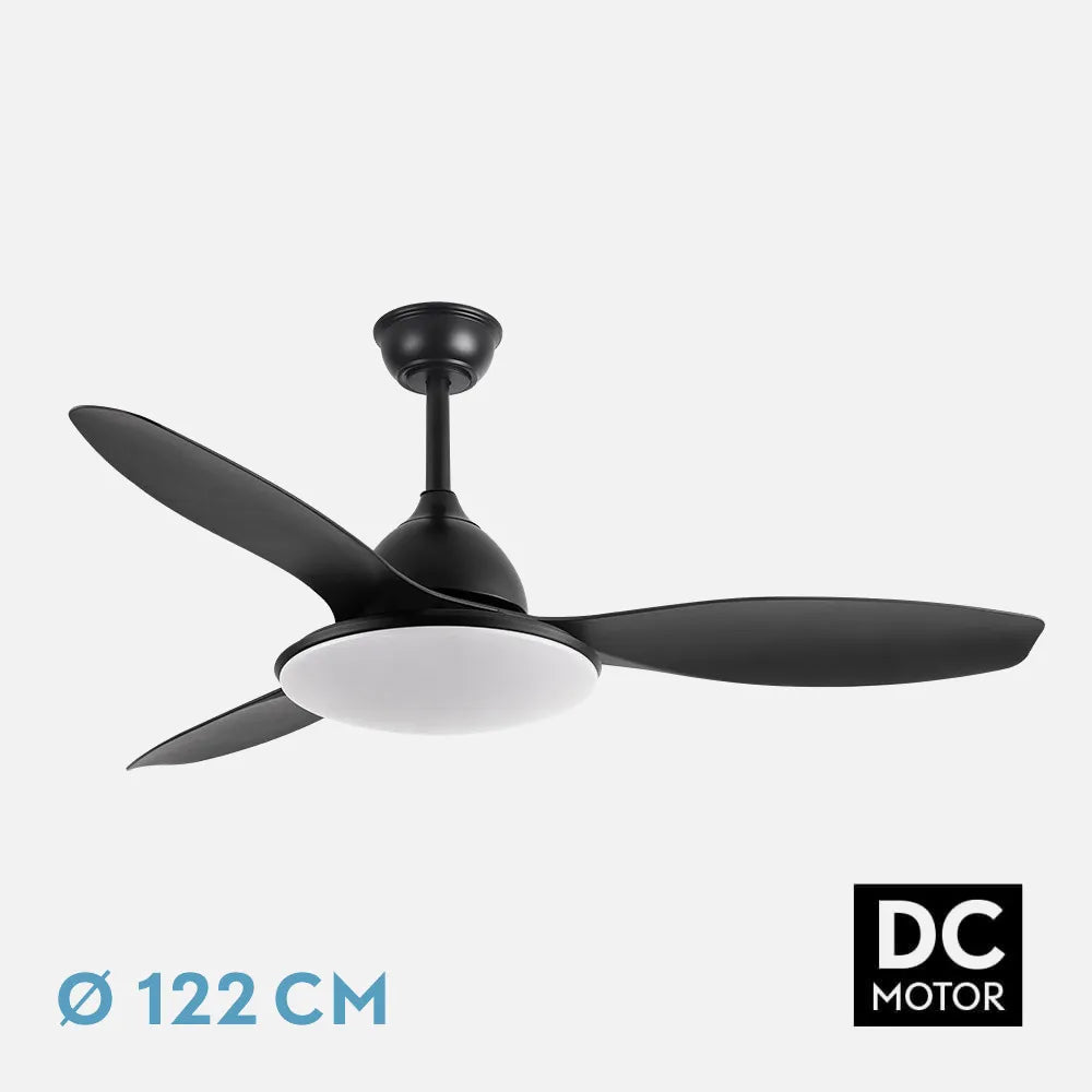 Ventilador de techo DC Yael 122 cm con luz LED de FABRILAMP en color negro – vista de detalle