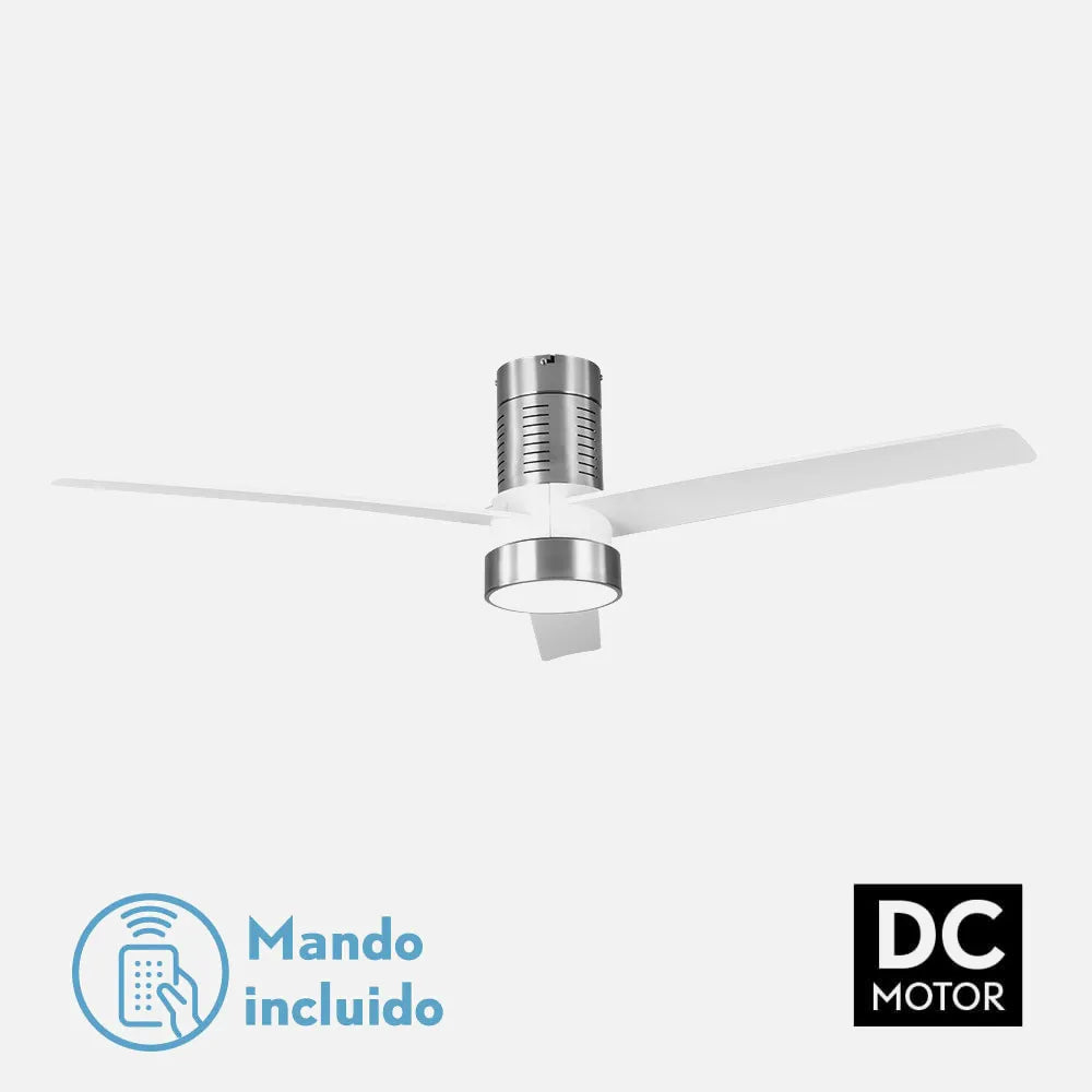 Ventilador de techo DC Teo 139 cm con luz LED de FABRILAMP en color níquel/blanco – vista de detalle