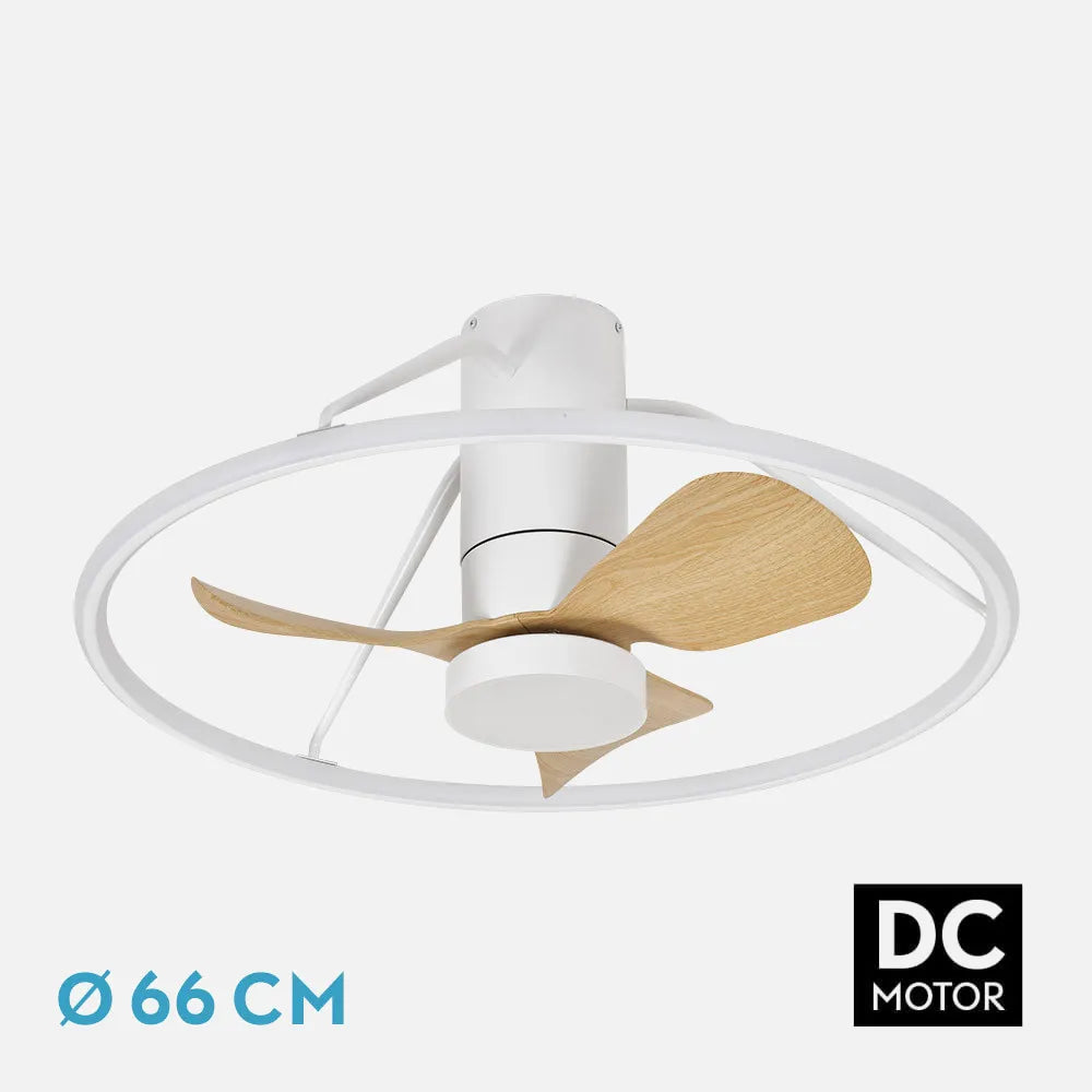 Ventilador de techo DC Oporto 66 cm con luz LED de FABRILAMP en color blanco/haya – vista de detalle