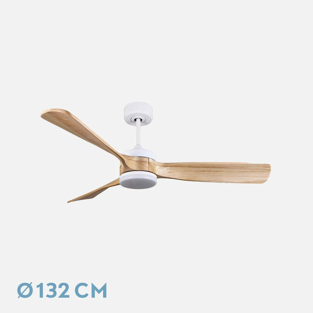Ventilador de techo DC Oriente 132 cm con luz LED de FABRILAMP en color blanco/haya – vista de detalle