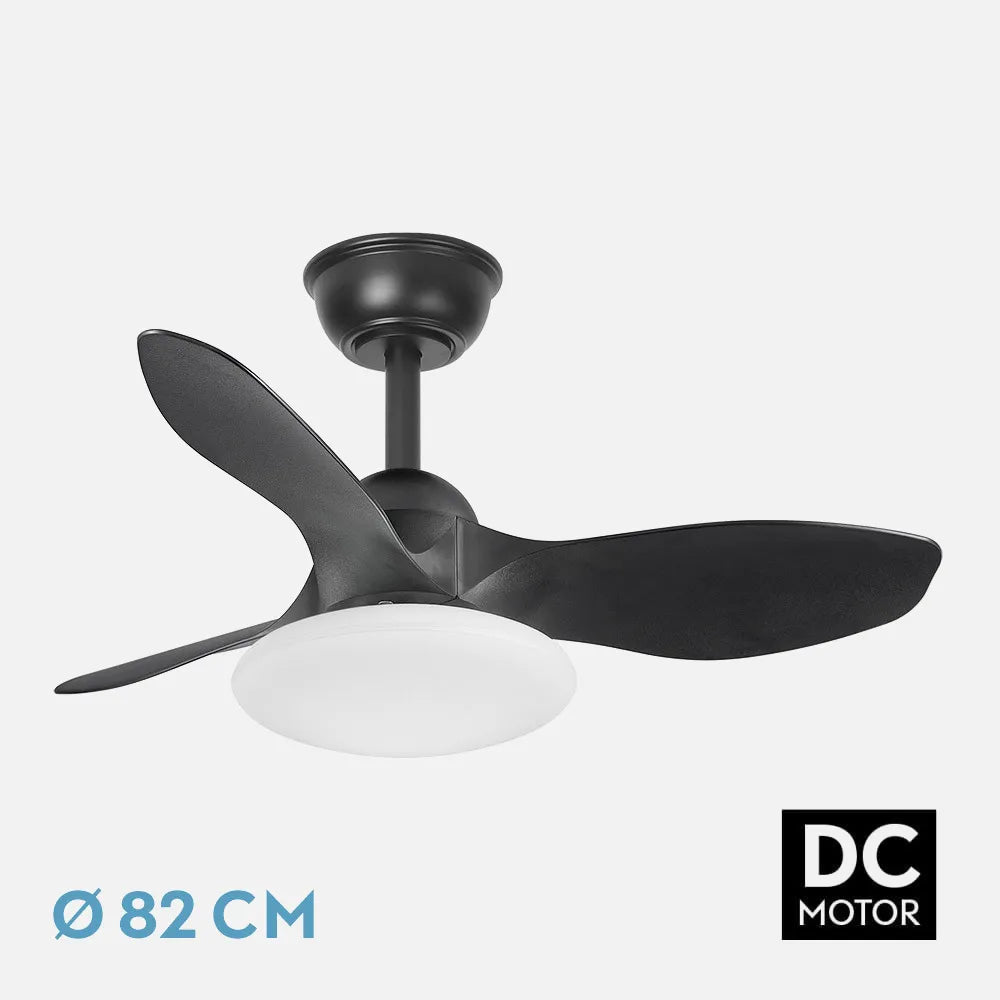 Ventilador de techo DC Páramo 82 cm con luz LED de FABRILAMP en color negro – vista de detalle