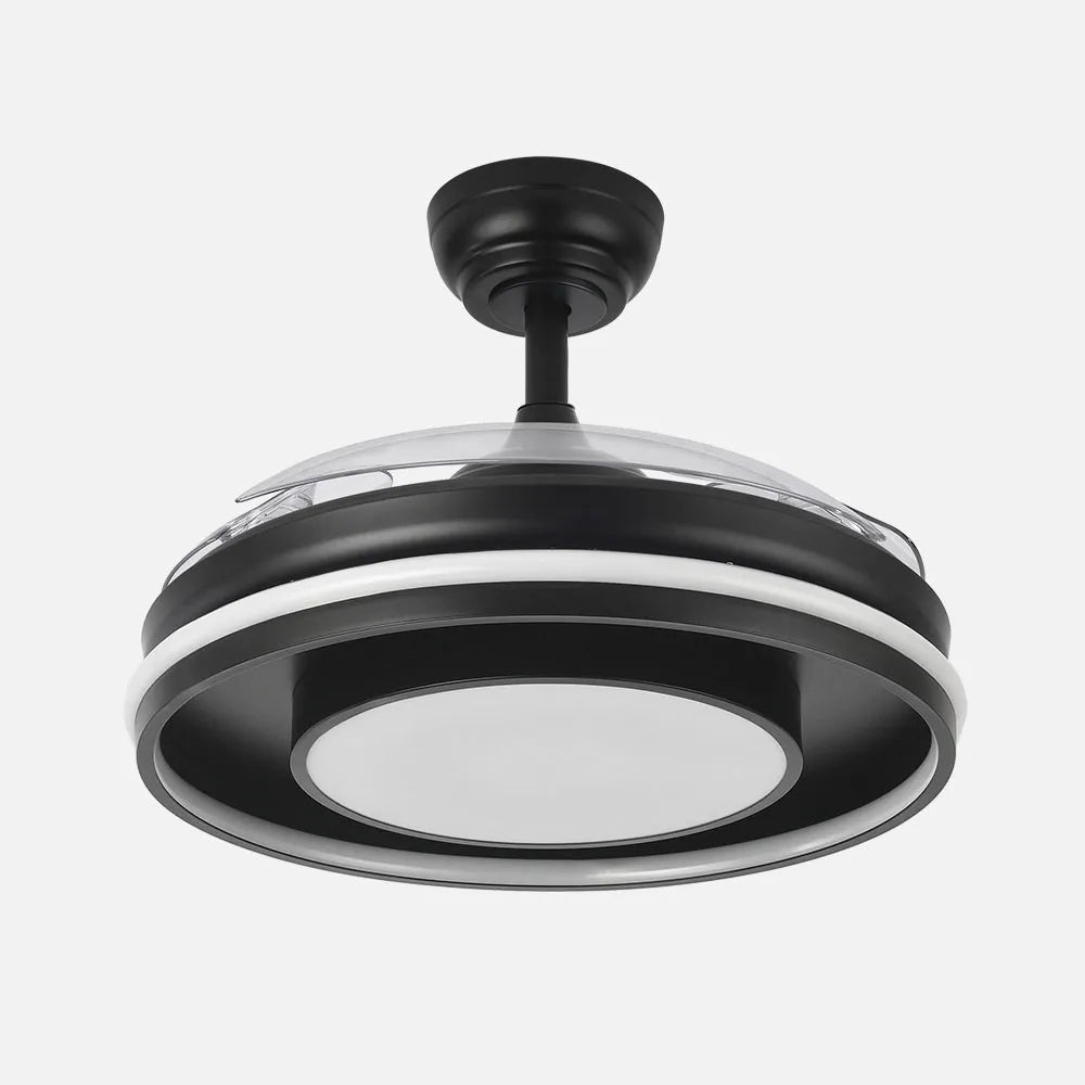Ventilador de techo DC Pitufo 107 cm con aspas retráctiles y luz LED de FABRILAMP en color negro/madera – vista de detalle