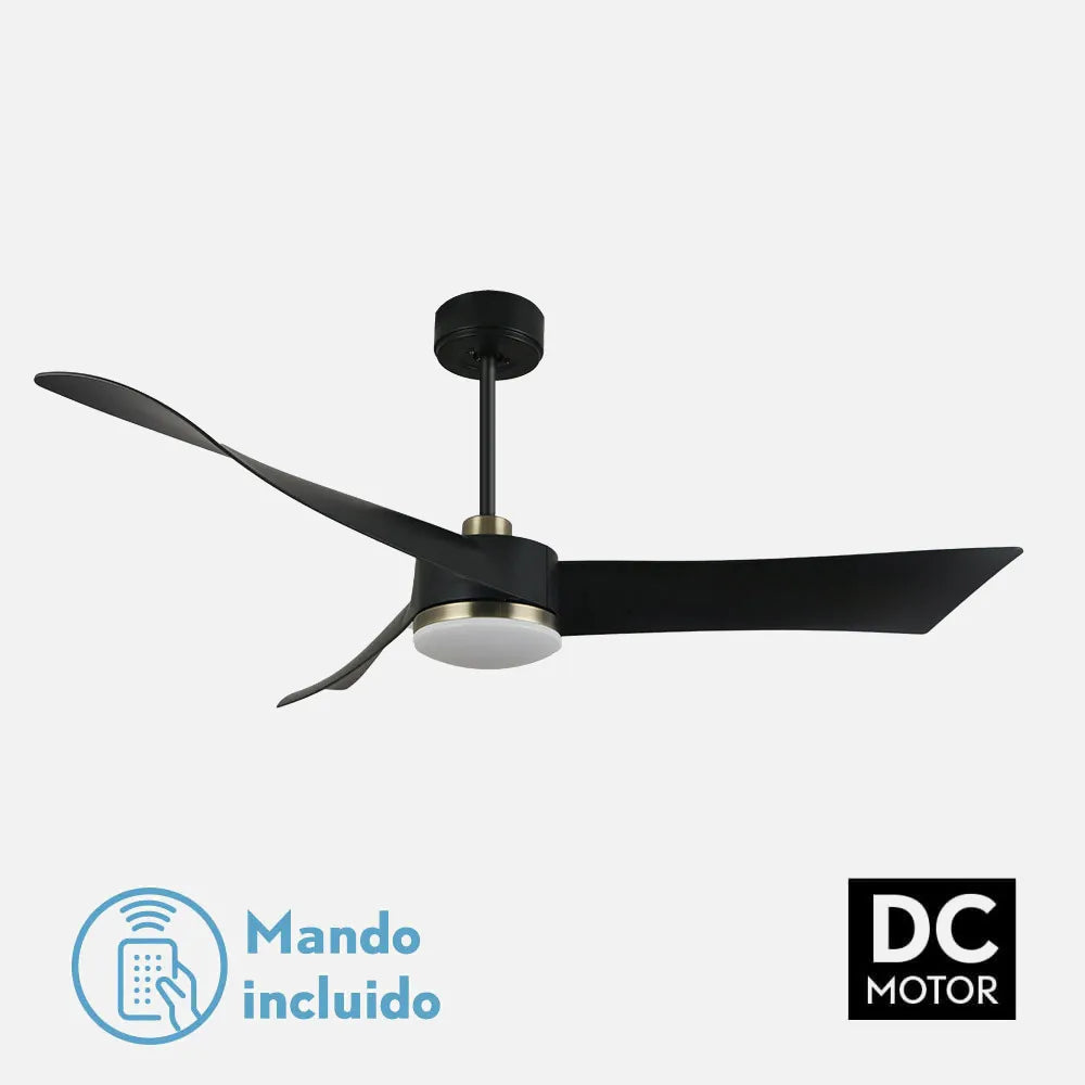 Ventilador de techo DC Tempel 132 cm con luz LED de FABRILAMP en color negro/cuero – vista de detalle