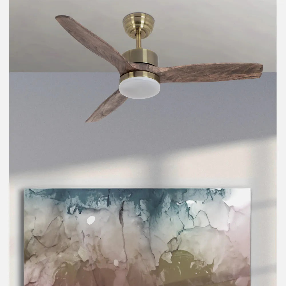 Ventilador de techo DC Torino 107 cm con luz LED de FABRILAMP en color cuero/roble – vista de detalle
