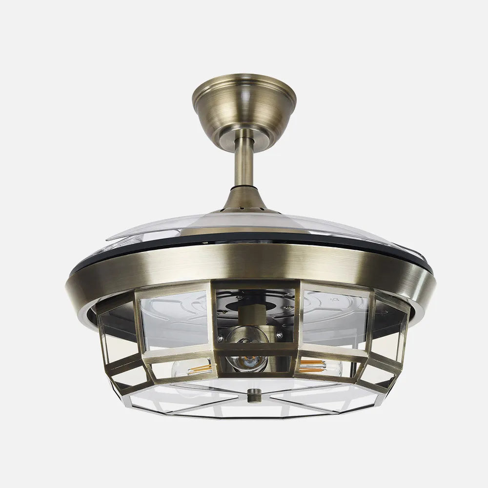 Ventilador de techo DC Tornado 91 cm con aspas retráctiles y 3 portalámparas E27 de FABRILAMP en color cuero – vista de detalle