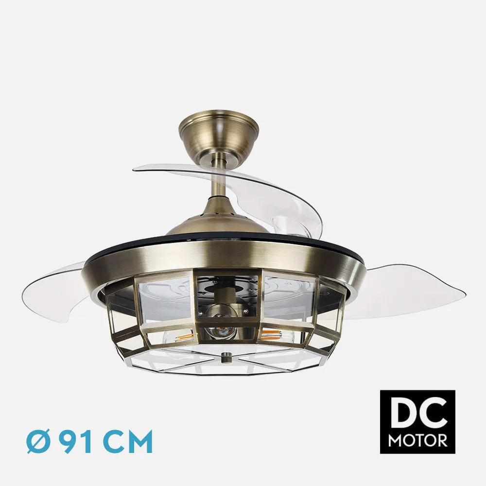 Ventilador de techo DC Tornado 91 cm con aspas retráctiles y 3 portalámparas E27 de FABRILAMP en color cuero – vista de detalle