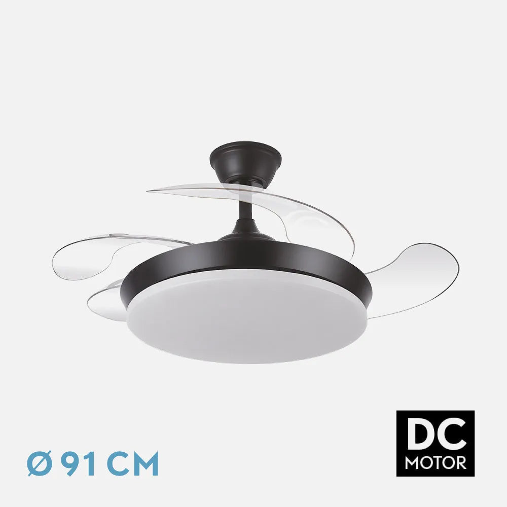 Ventilador de techo DC Tridente 91 cm con aspas retráctiles y luz LED de FABRILAMP en color negro – vista de detalle