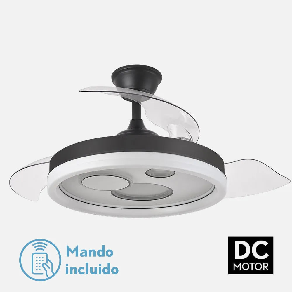 Ventilador de techo DC Turia 107 cm con aspas retráctiles y luz LED de FABRILAMP en color negro/blanco – vista de detalle