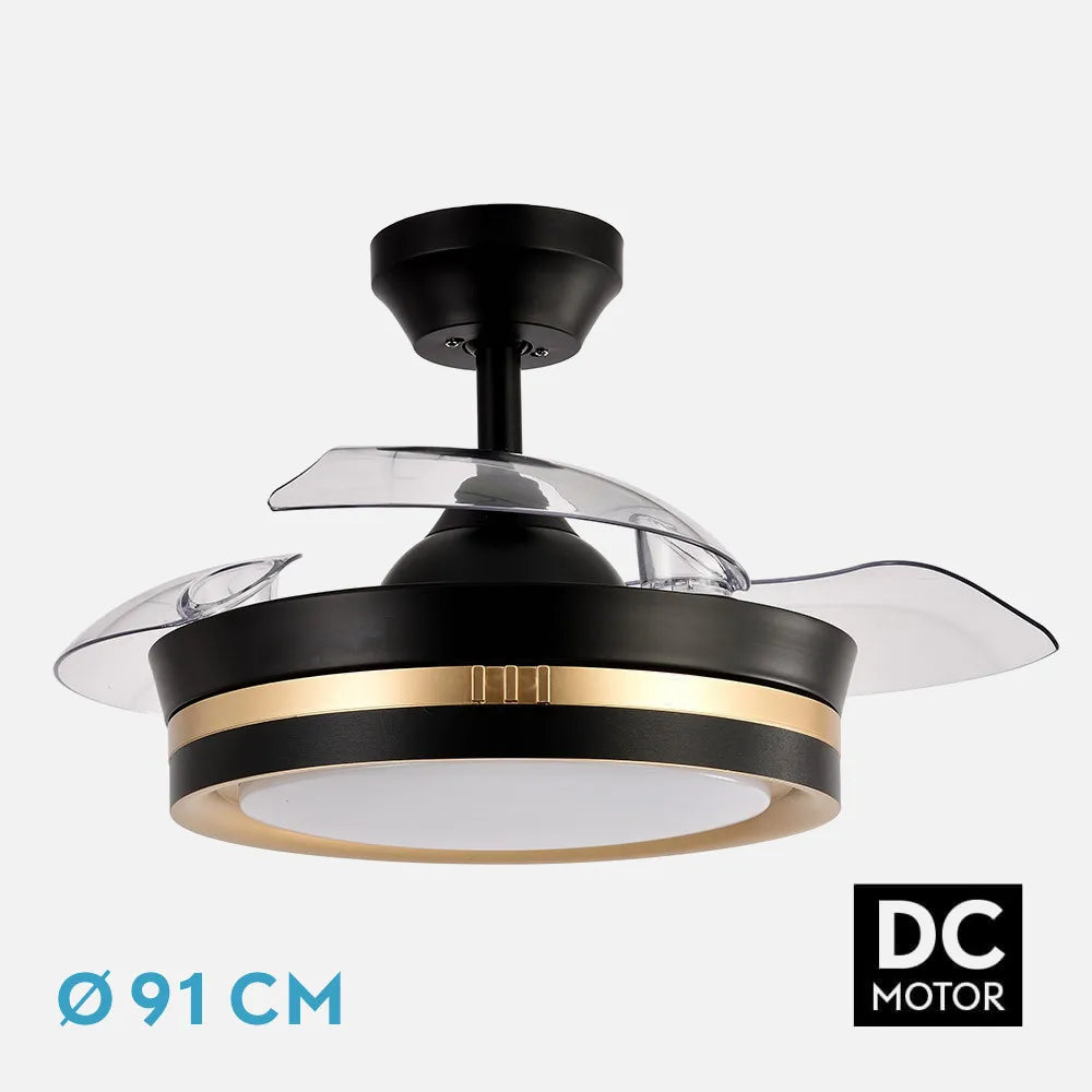 Ventilador de techo DC Viper 91 cm con aspas retráctiles y luz LED de FABRILAMP en color negro/oro – vista de detalle