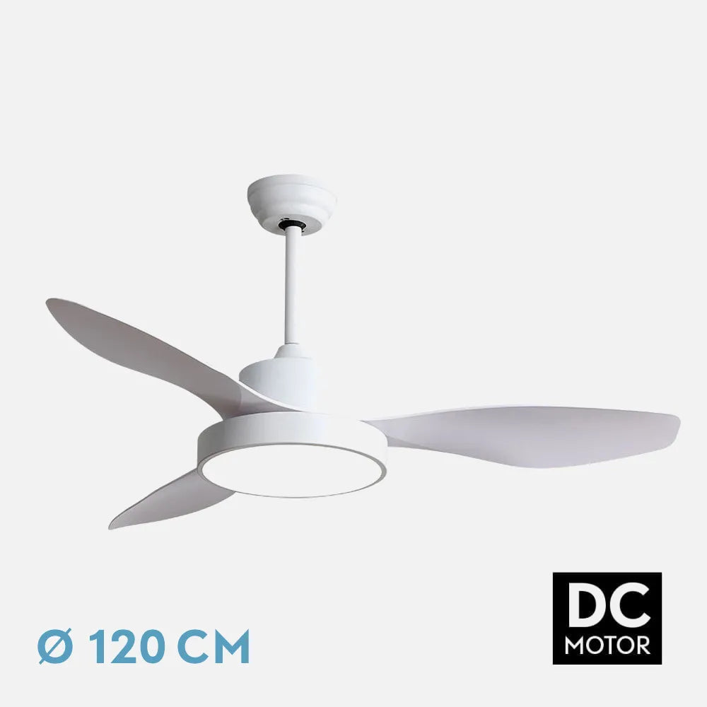 Ventilador de techo DC Hayate 120 cm con luz LED de FABRILAMP en color blanco – vista de detalle