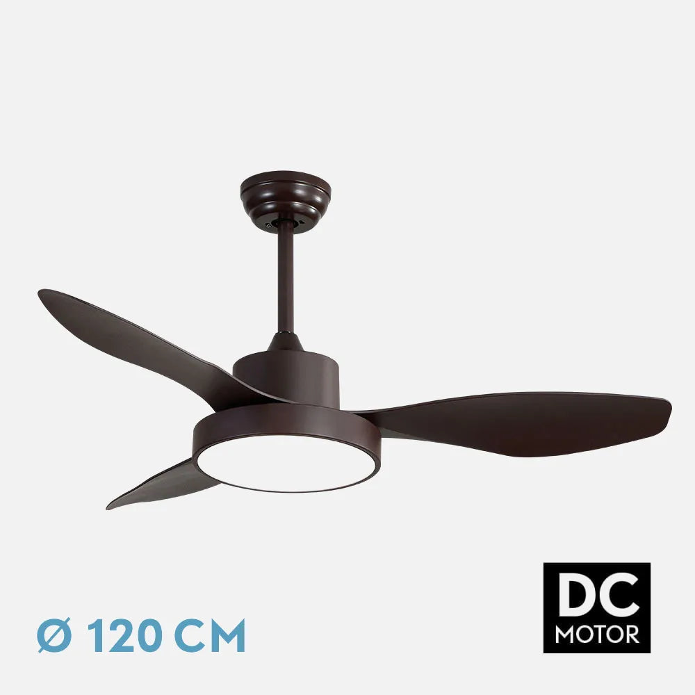 Ventilador de techo DC Hayate 120 cm con luz LED de FABRILAMP en color marrón – vista de detalle