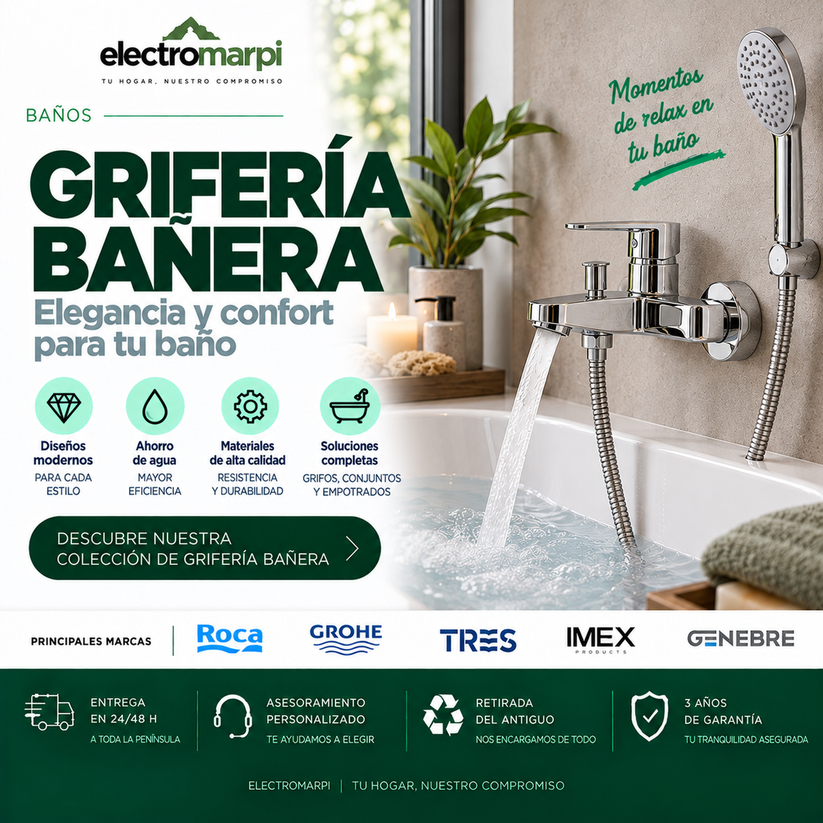 Grifería de bañera con mezclador cromado, ducha de mano y bañera moderna - Electromarpi