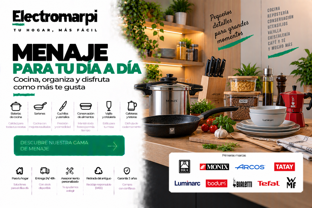 Menaje de cocina con baterías, sartenes, cuchillos, conservación, vajilla y cafeteras - Electromarpi