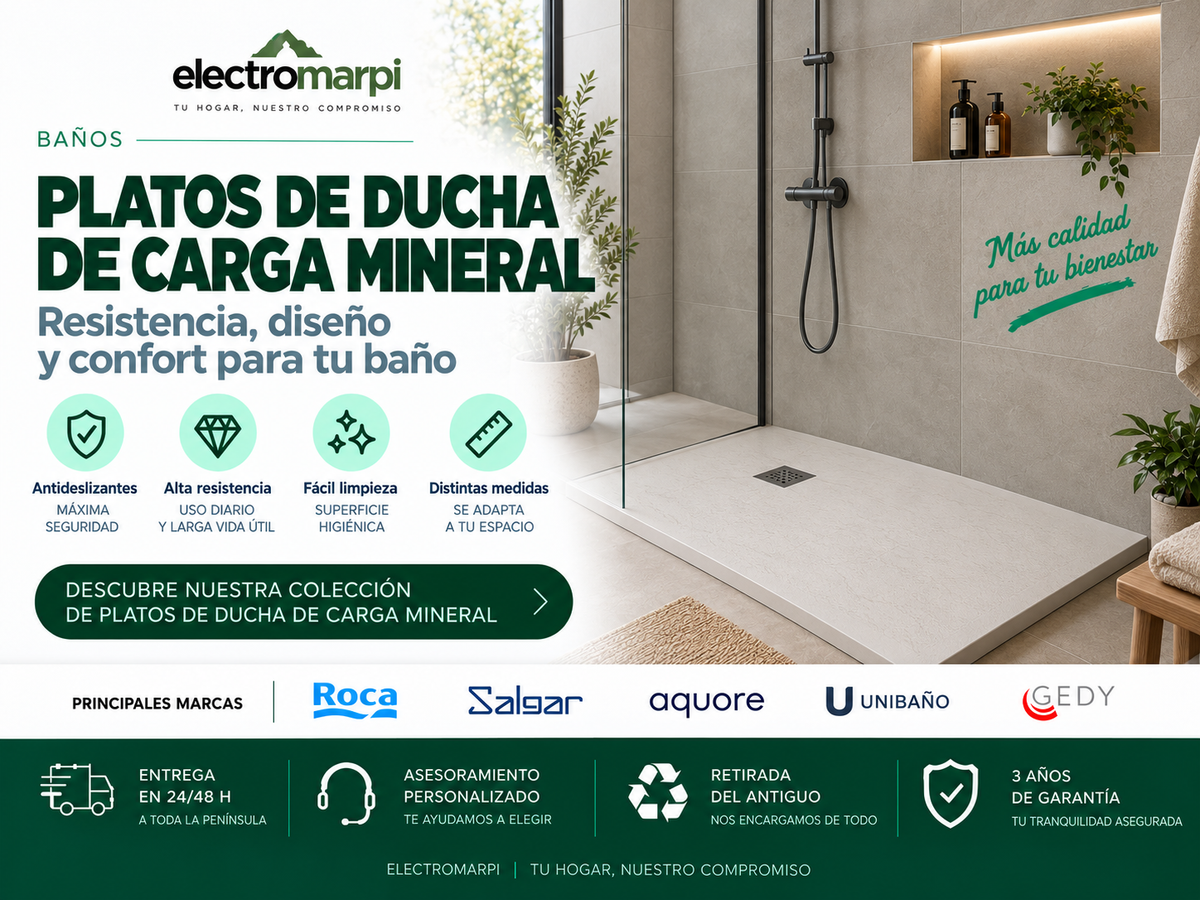 Plato de ducha de carga mineral antideslizante en baño moderno con distintas medidas y acabados - Electromarpi