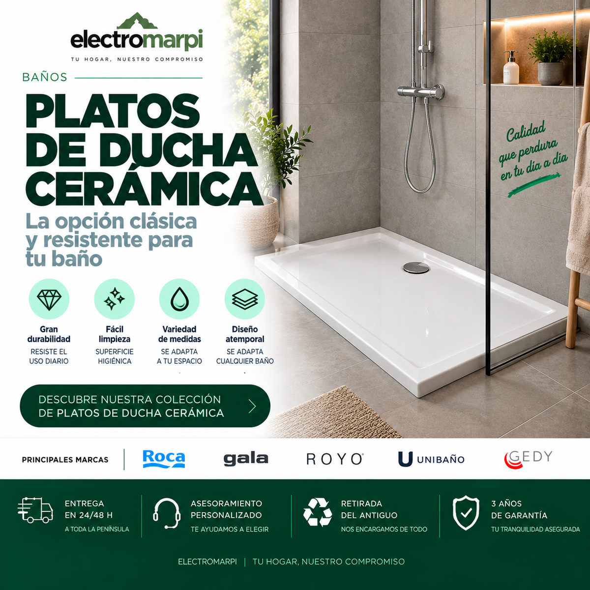 Plato de ducha cerámico blanco en baño moderno, resistente y de fácil limpieza - Electromarpi