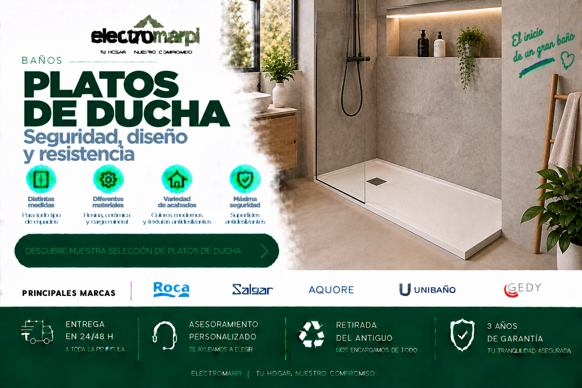 Platos de ducha de resina, cerámica y carga mineral en diferentes medidas, acabados y superficies antideslizantes - Electromarpi