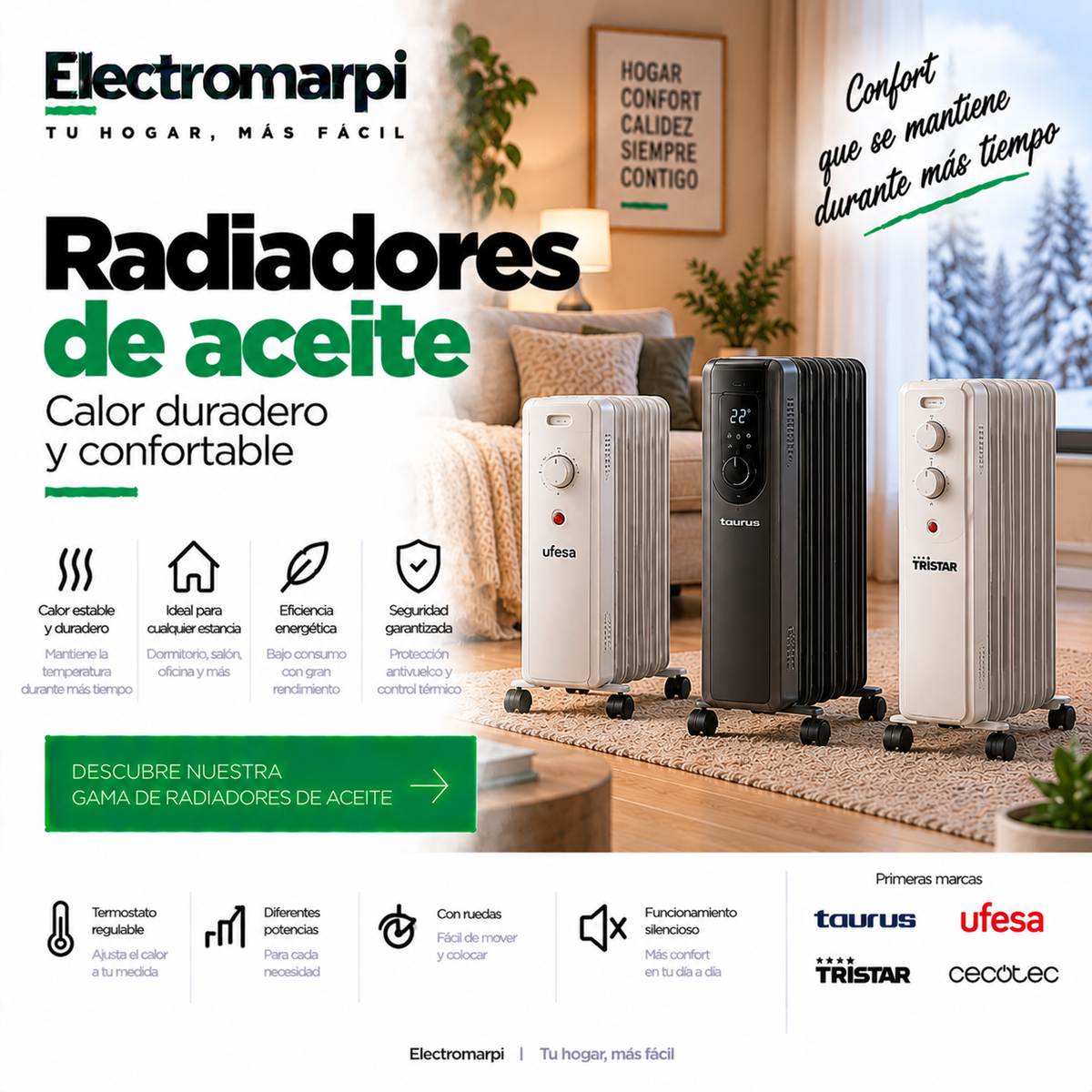 Radiadores de aceite con termostato regulable, distintas potencias y ruedas - Electromarpi