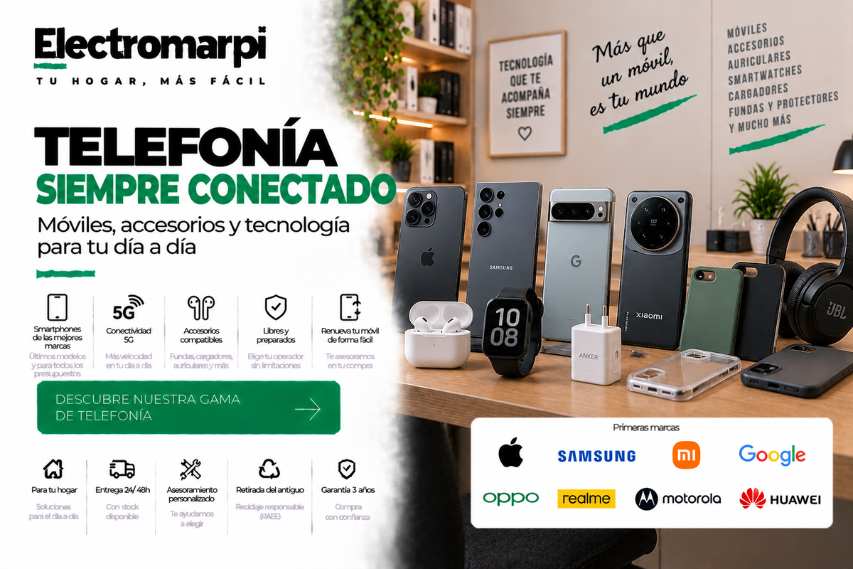 Telefonía con smartphones, accesorios, auriculares, smartwatches y conectividad 5G - Electromarpi