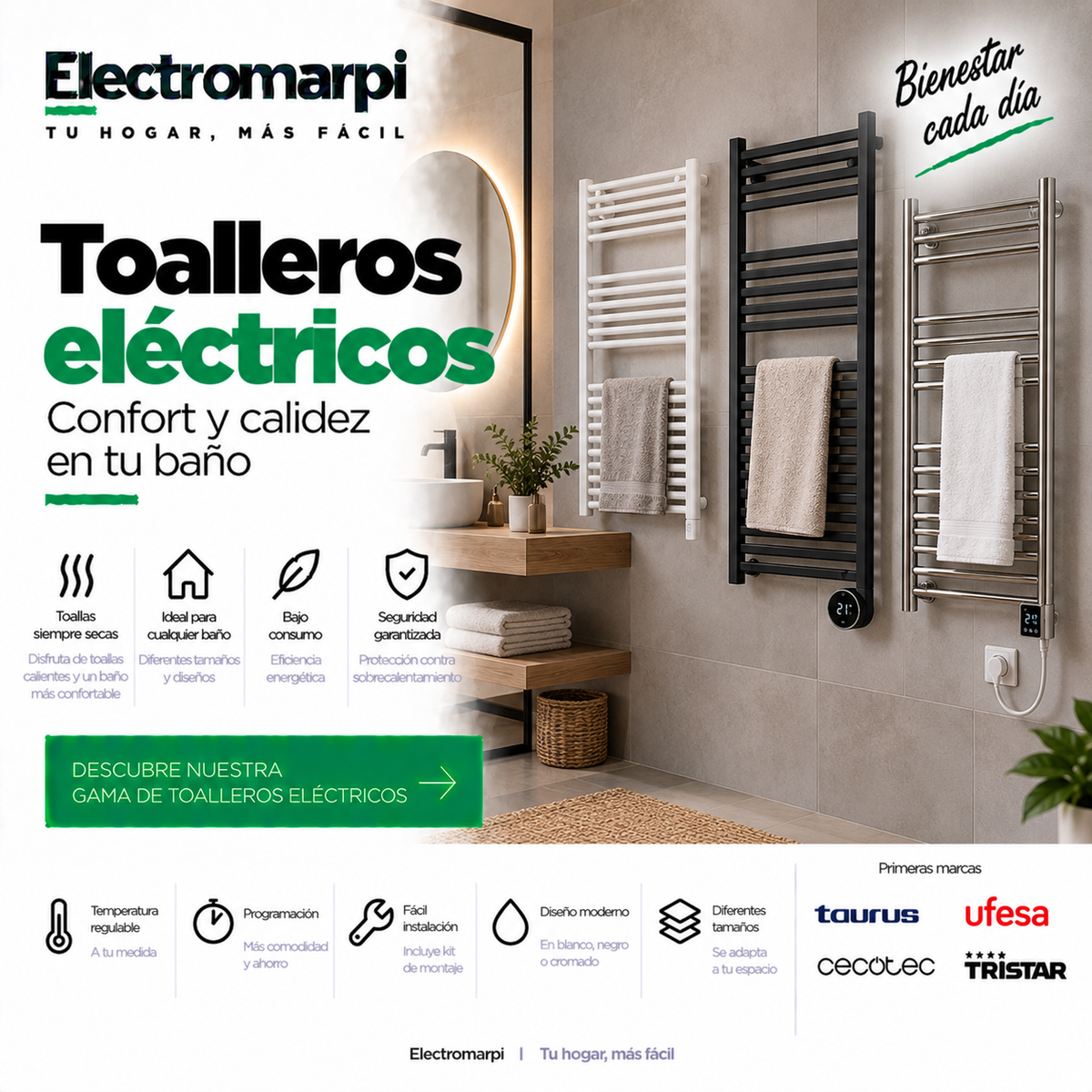 Toalleros eléctricos para baño con termostato y calor confortable - Electromarpi