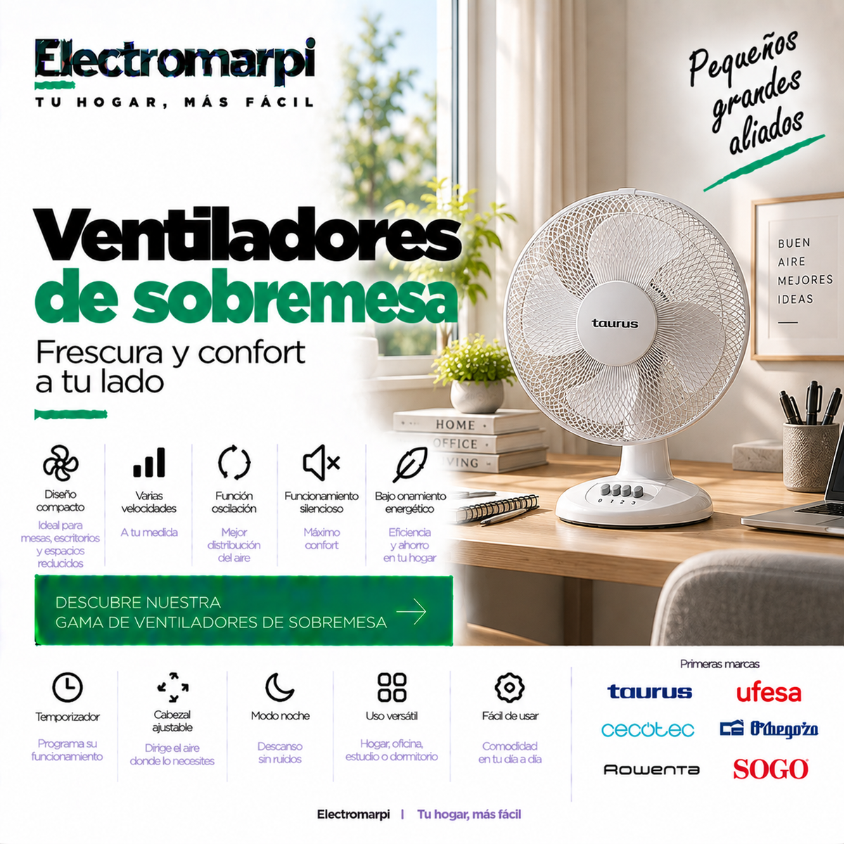 Ventiladores de sobremesa compactos con varias velocidades, oscilación y funcionamiento silencioso - Electromarpi