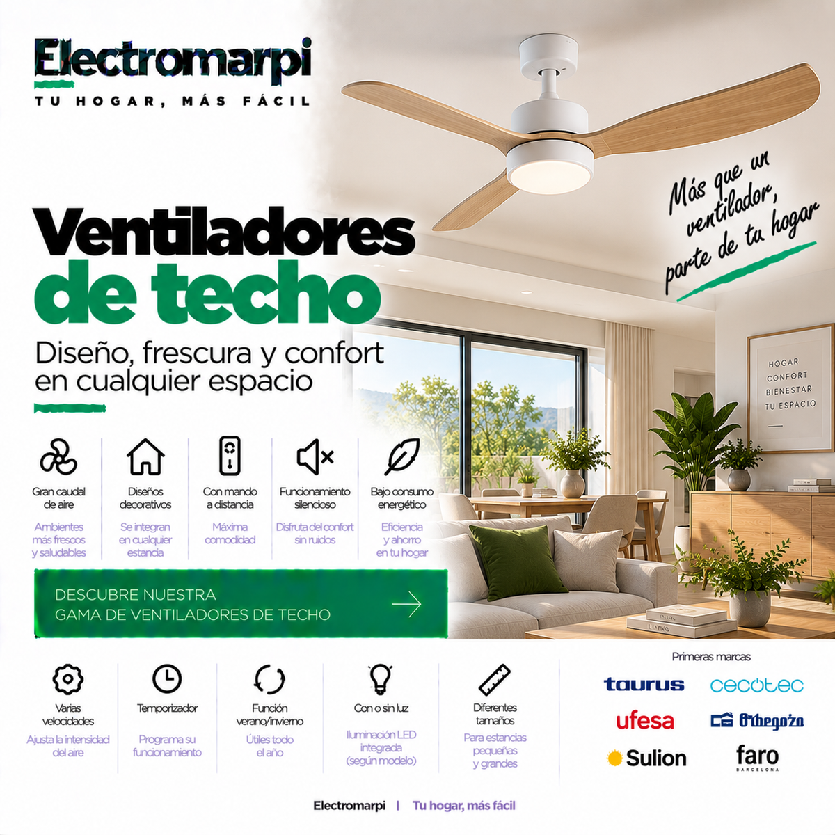 Ventiladores de techo con motor DC, luz LED, mando y función verano invierno - Electromarpi