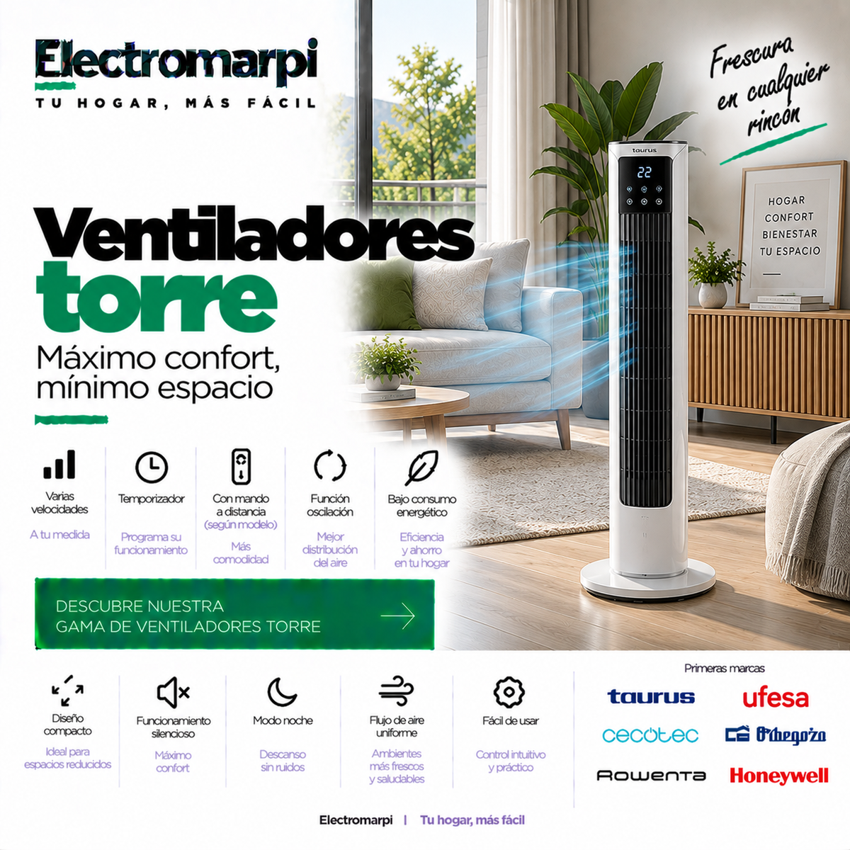 Ventiladores de torre con oscilación, temporizador, mando y modo noche según modelo - Electromarpi