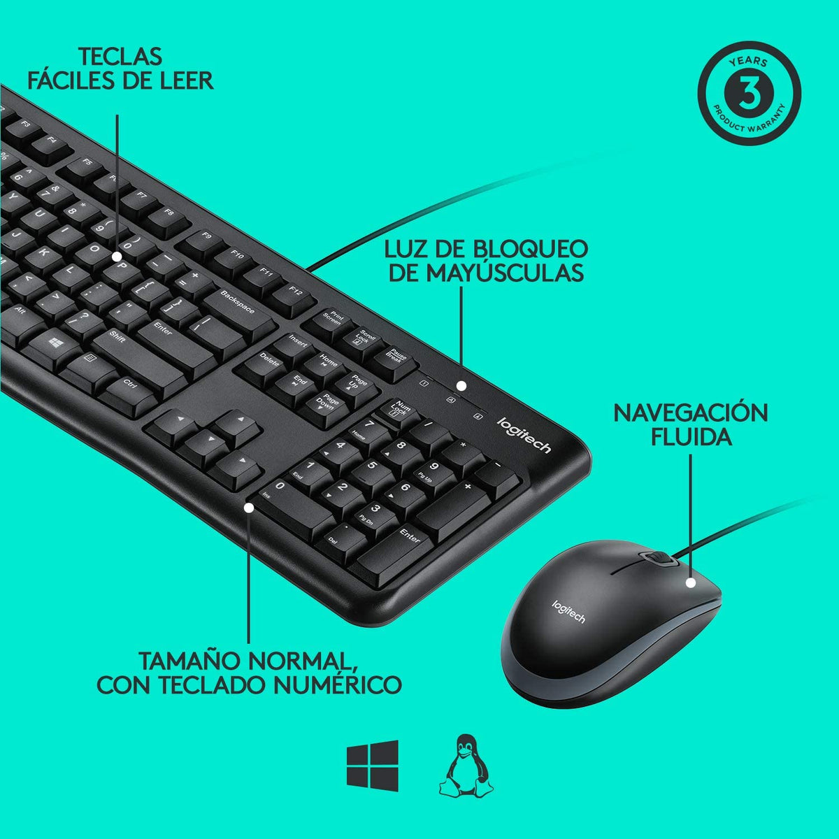 TECLADO+RATON LOGITECH MK120 CON CABLE USB