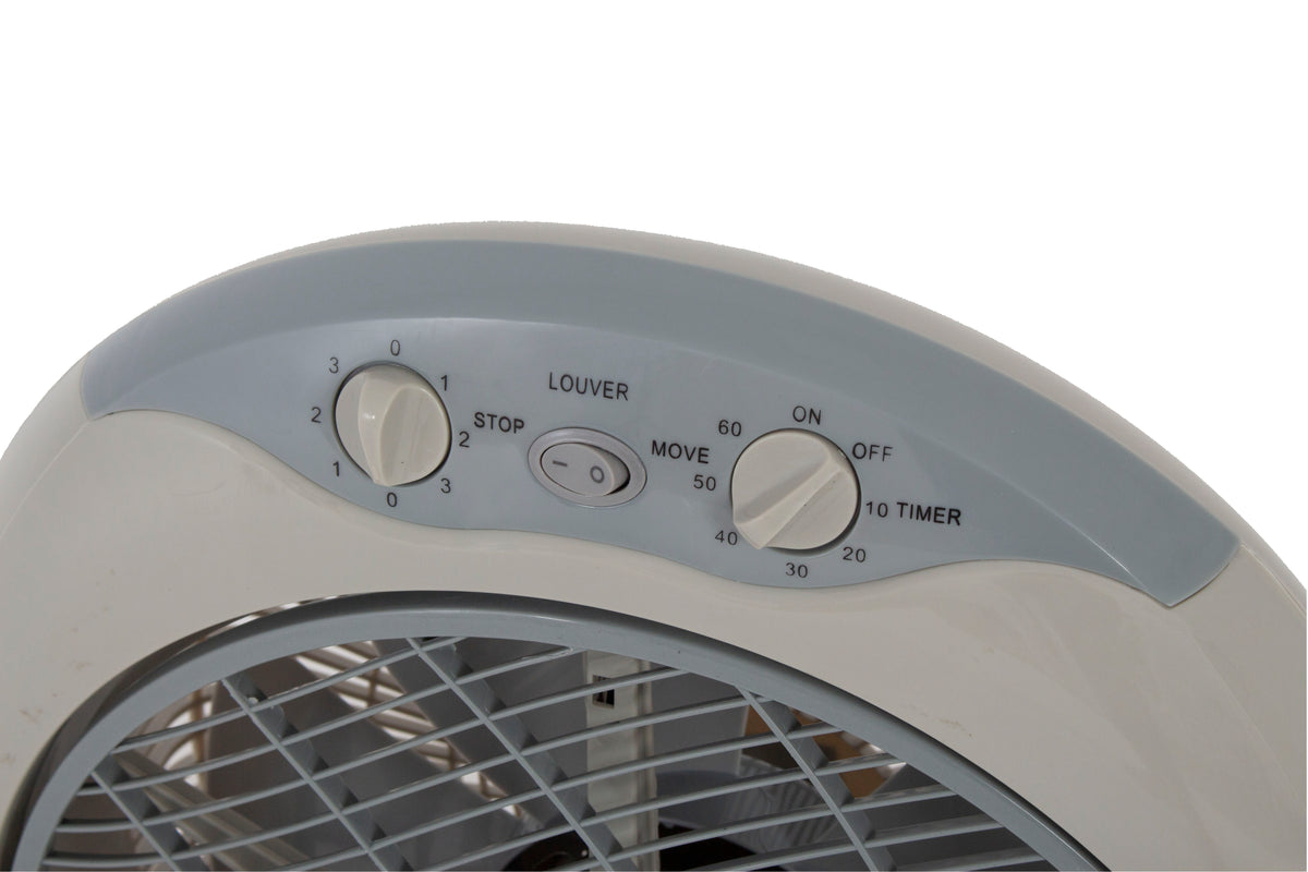 Detalle de los selectores de velocidad y temporizador y del interruptor de la rejilla móvil del ventilador box.