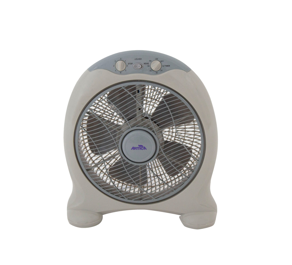 Vista frontal del ventilador box de suelo blanco y gris, con rejilla circular y controles superiores.