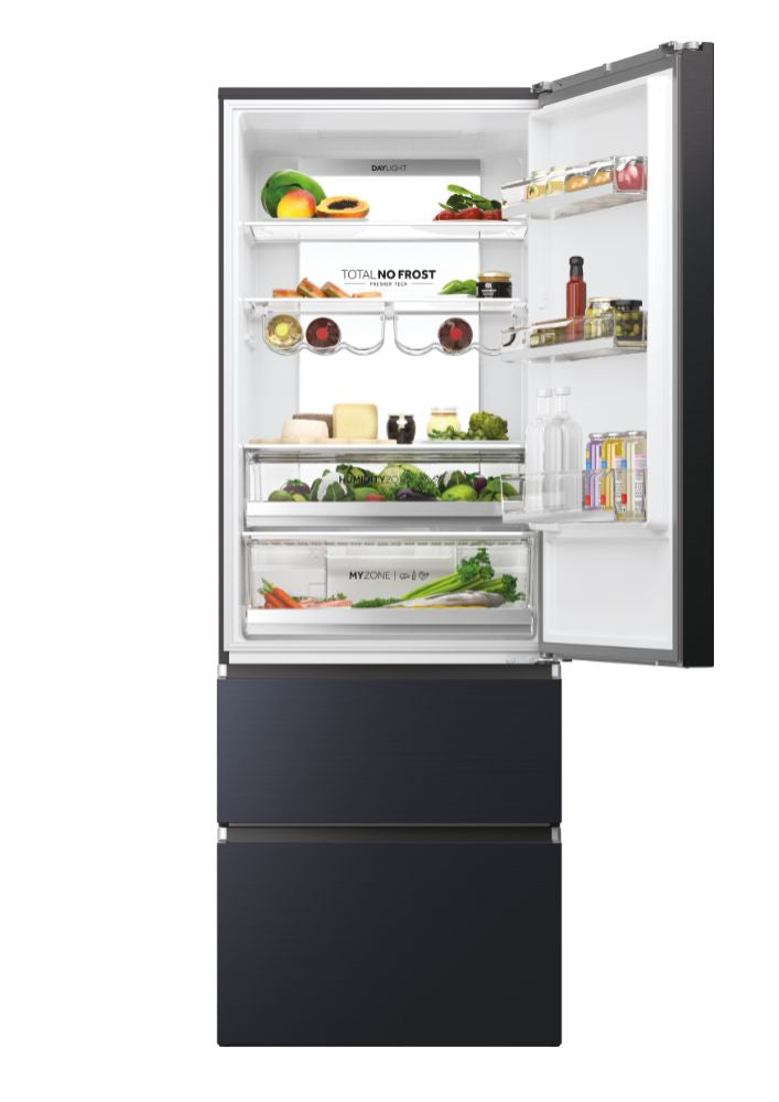 Frigorífico combi Haier HTW7720ENMB – vista frontal y acabado