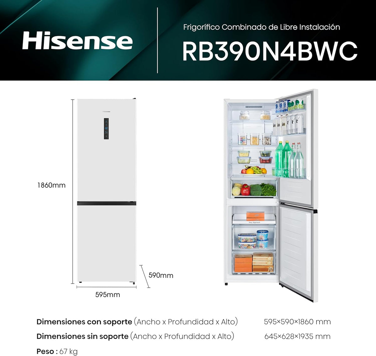 Hisense RB390N4BWC – vista frontal y acabado blanco
