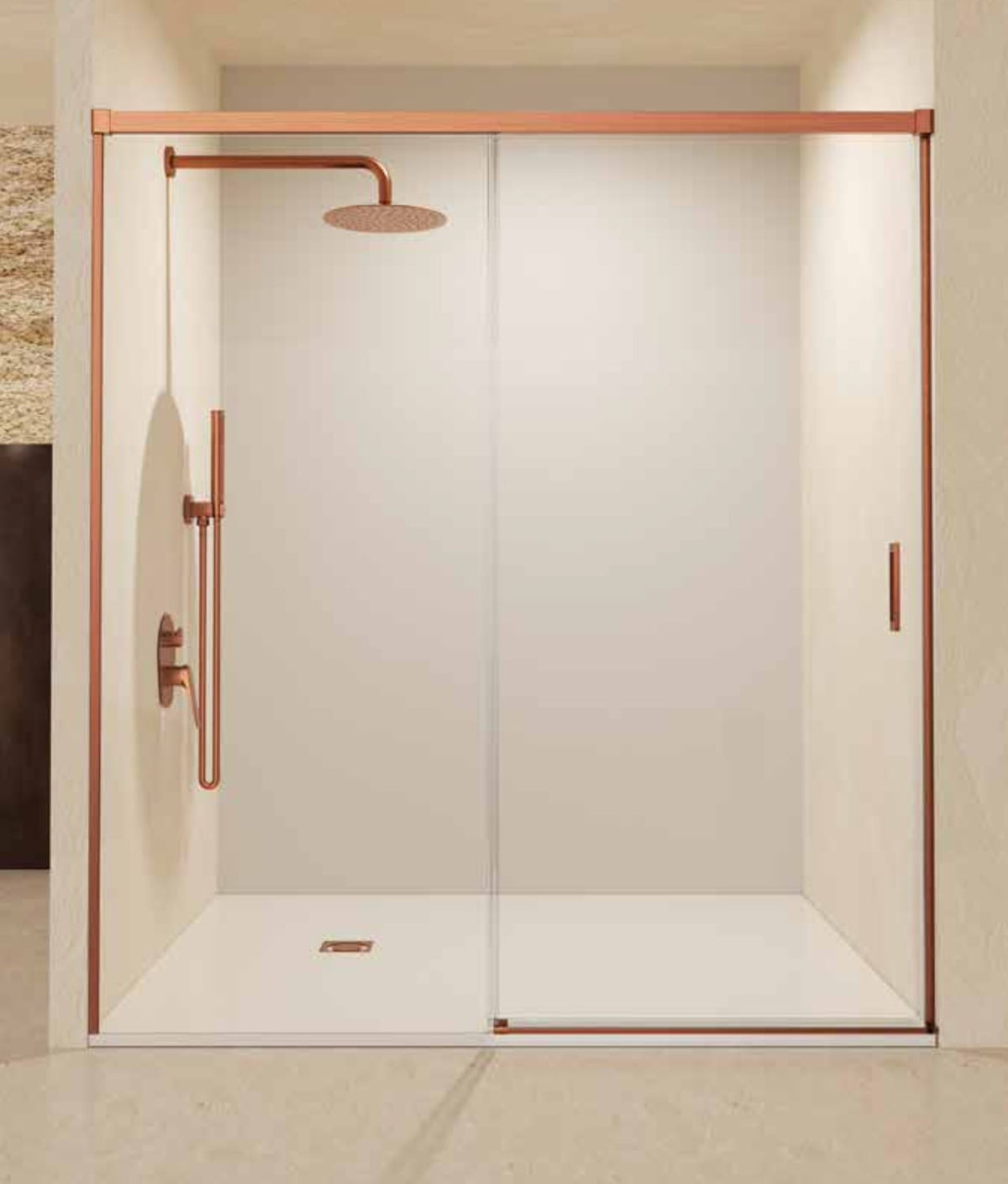 Mampara de ducha frontal Stylo 1 fijo + 1 corredera Oro Rosa Cepillado SB_X