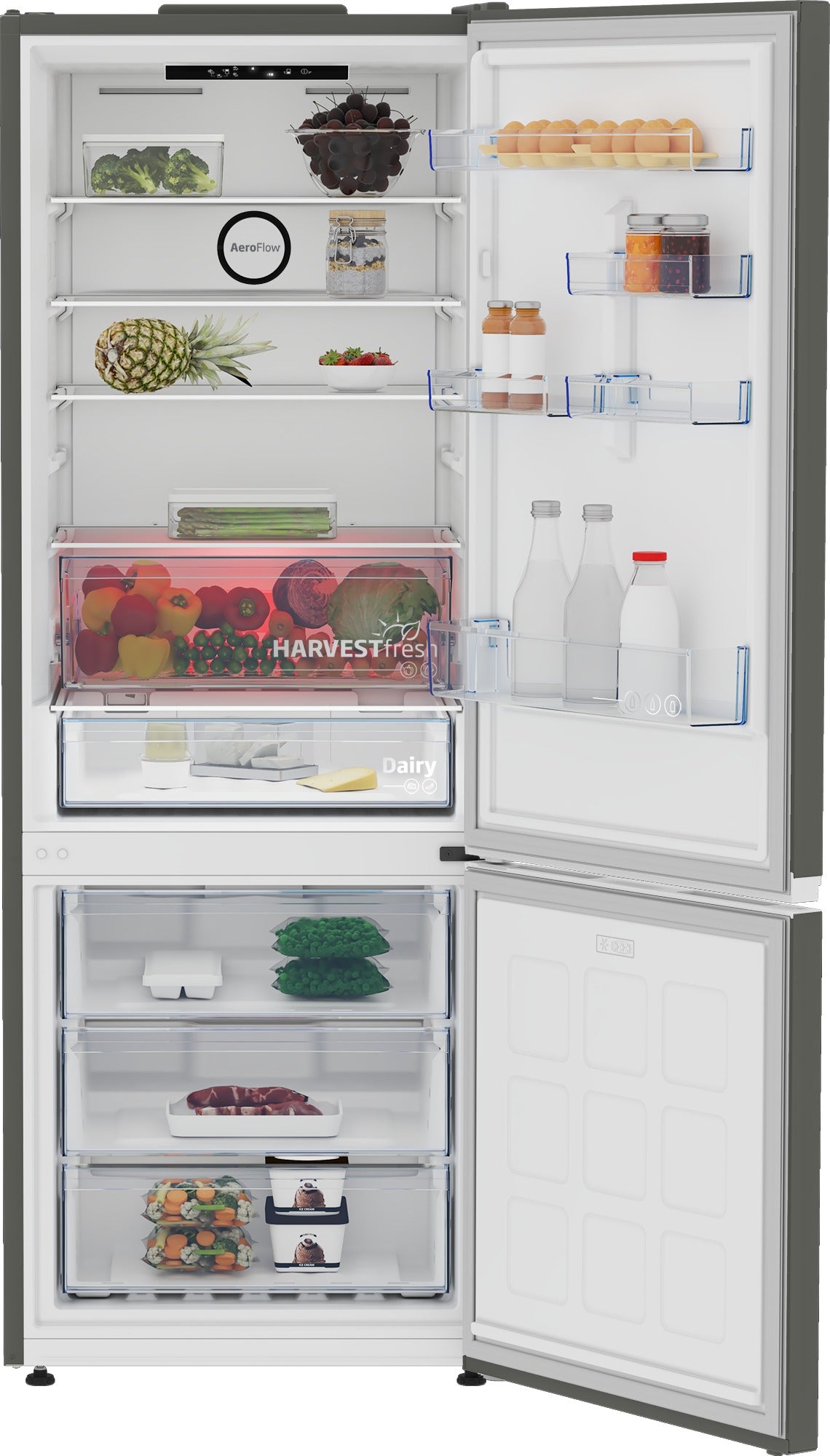 Frigorífico combi Beko B3RCNE564HG – distribución de estantes y compartimentos