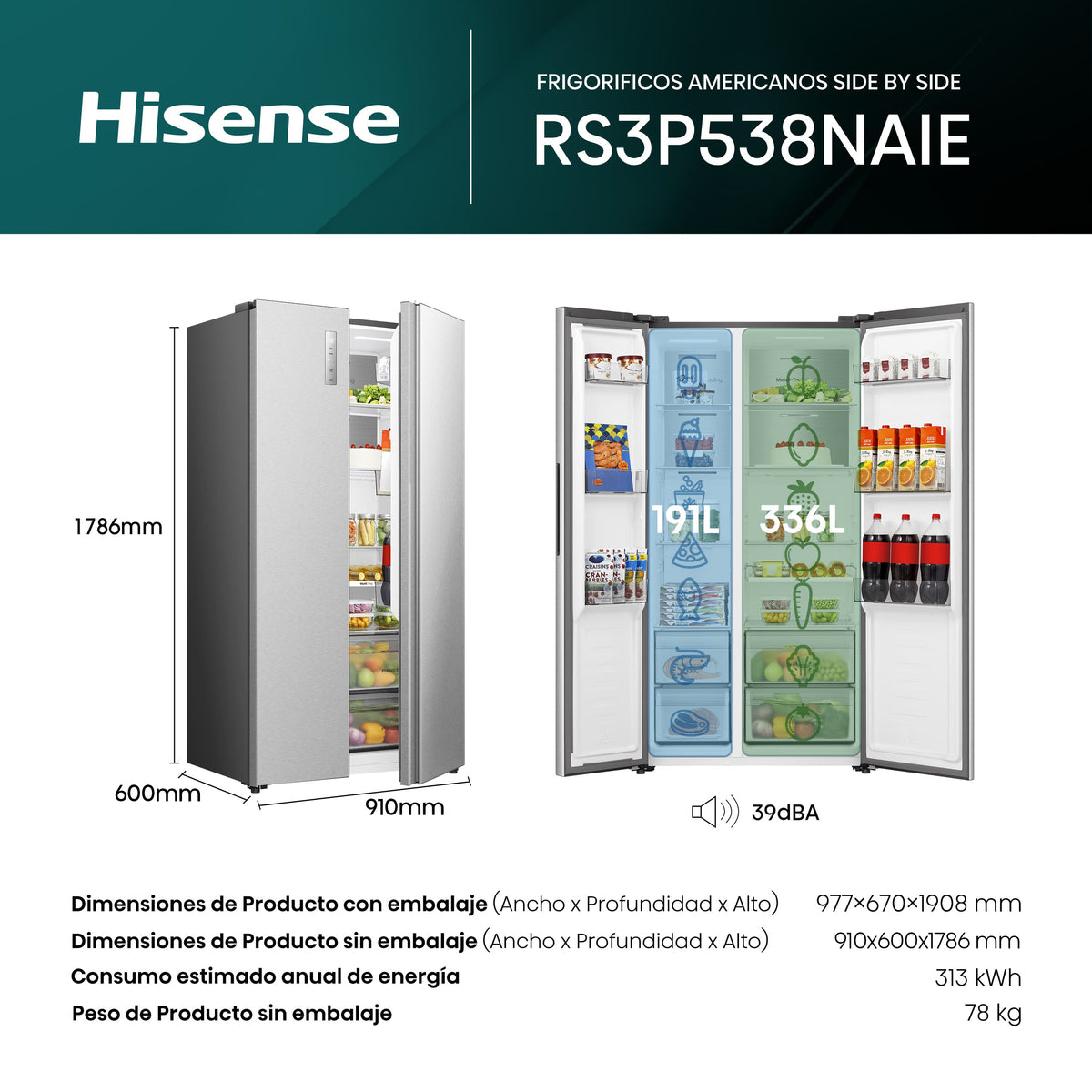 Hisense RS3P538NAIE – vista frontal KitchenFit