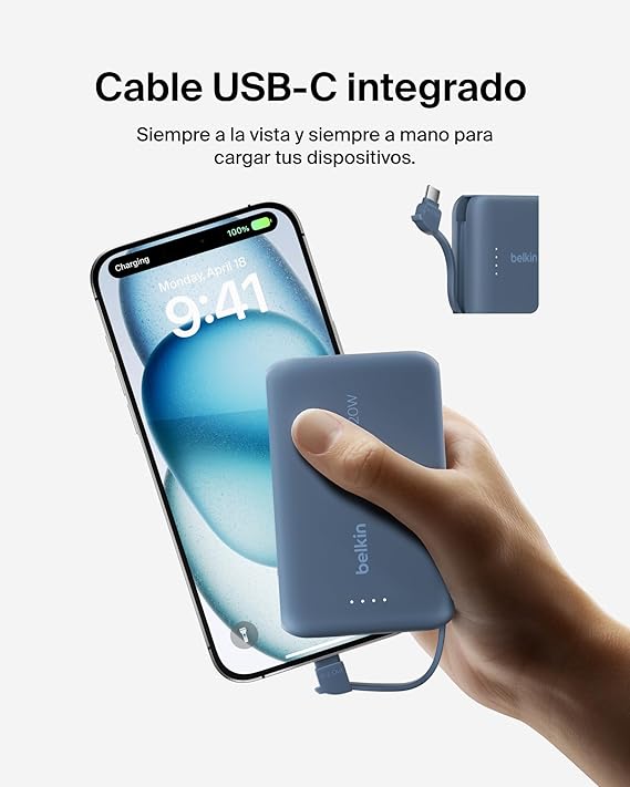 POWERBANK BELKIN 10K CABLE INTEGRADO USB C 20W AZ