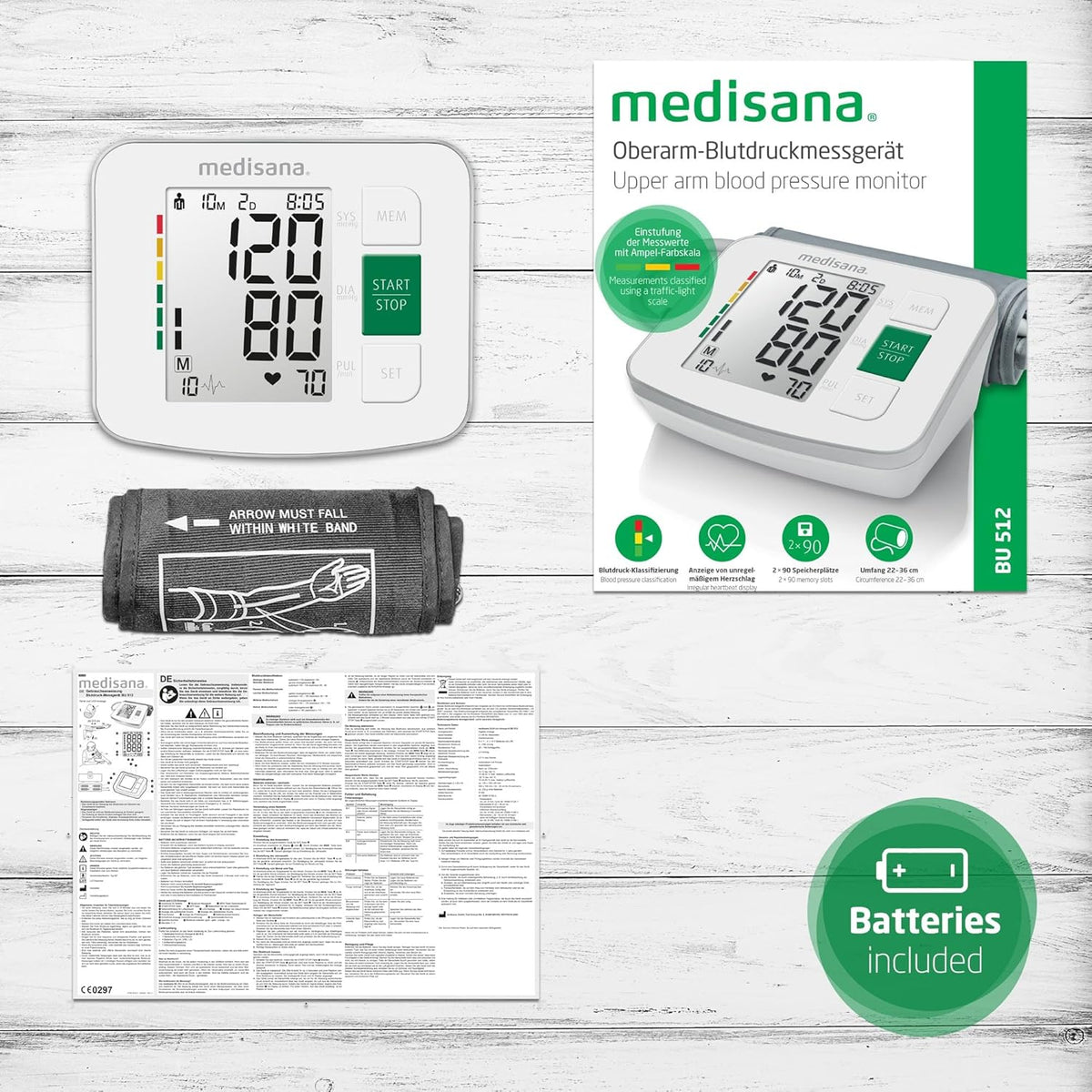 TENSIOMETRO MEDISANA BRAZO BU512 2X90MEM. ARRITMIA