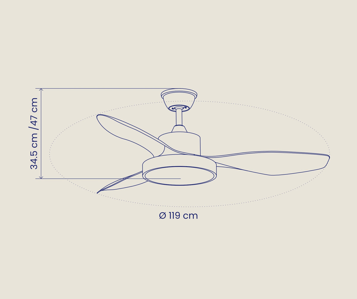 Plano de medidas del ventilador de techo: diámetro de 119 cm y alturas de 34,5 o 47 cm.