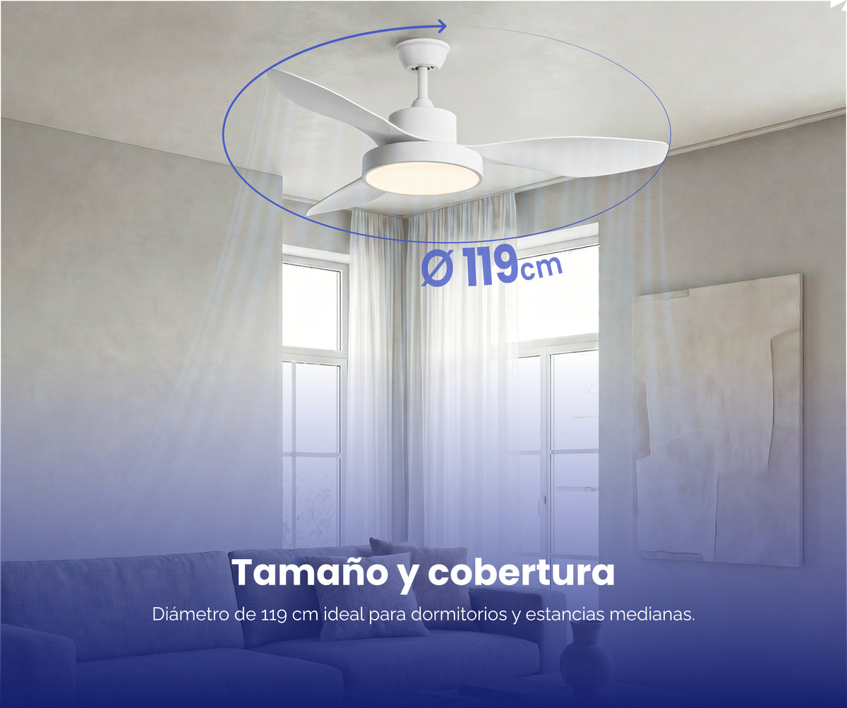 Ventilador de techo blanco instalado en una estancia, con su diámetro de 119 cm señalado.