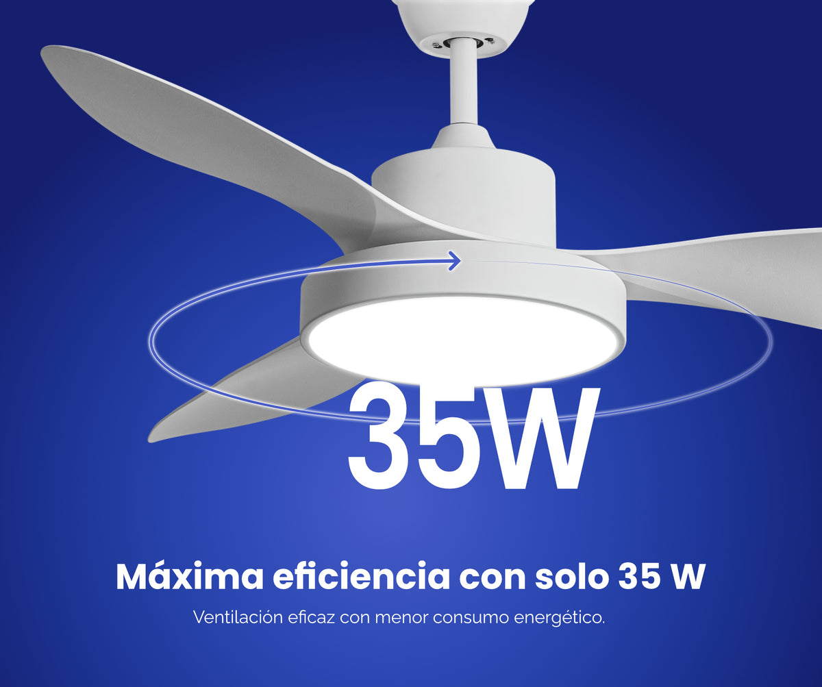 Infografía del ventilador de techo blanco de 119 cm con potencia máxima del motor de 35 W.