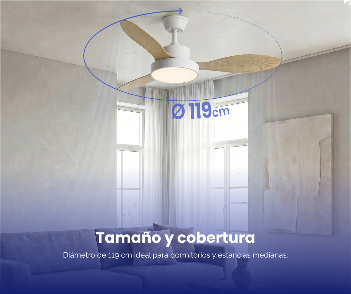 Ventilador de techo blanco y efecto madera instalado en un dormitorio, con indicación de su diámetro de 119 cm.