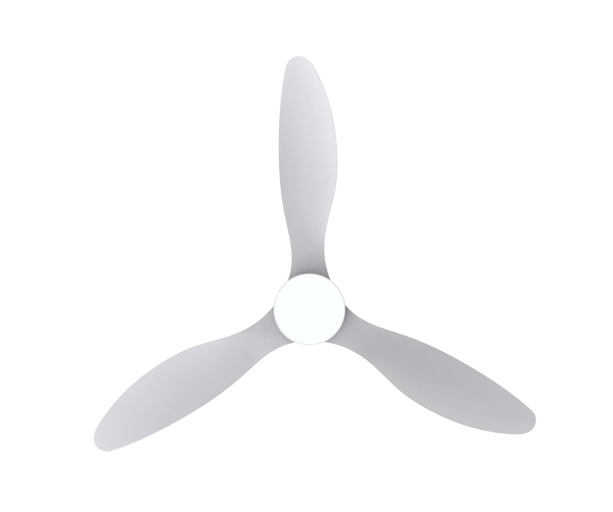 Vista inferior del ventilador de techo de 132 cm con tres aspas blancas y plafón LED central.