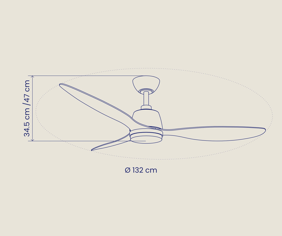 Plano de medidas del ventilador de techo: diámetro de 132 cm y alturas de 34,5 o 47 cm.
