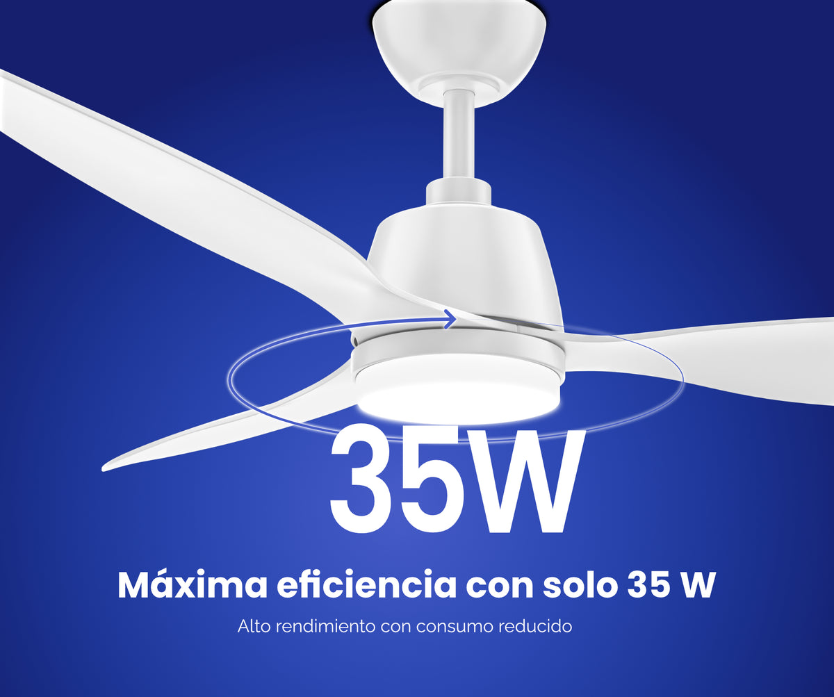 Infografía del ventilador de techo blanco de 132 cm con potencia máxima del motor de 35 W.