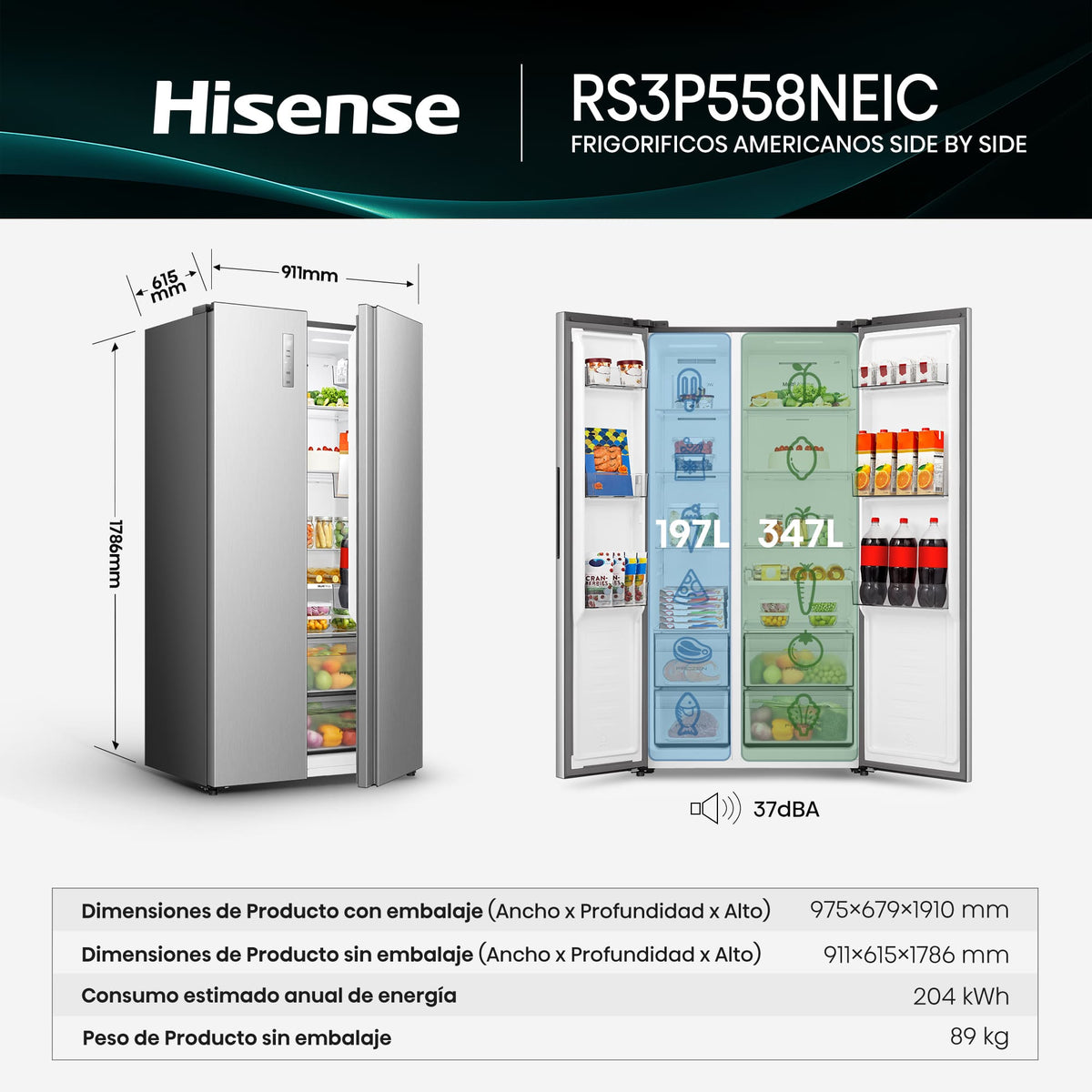 Hisense RS3P558NEIC – vista frontal Side by Side