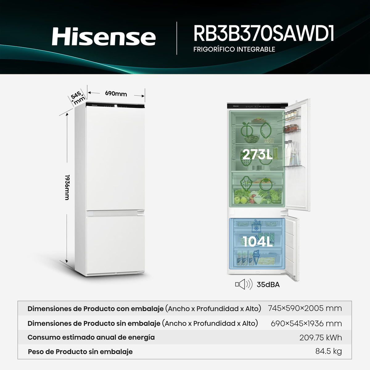 Plano de dimensiones y montaje del frigorífico combi integrable Hisense RB3B370SAWD1
