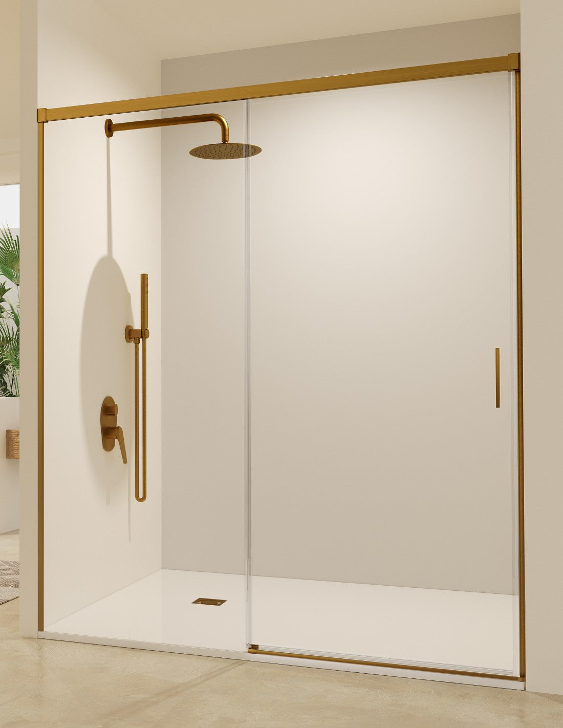 Mampara de ducha frontal Stylo 1 fijo + 1 corredera Oro Cepillado SB_X