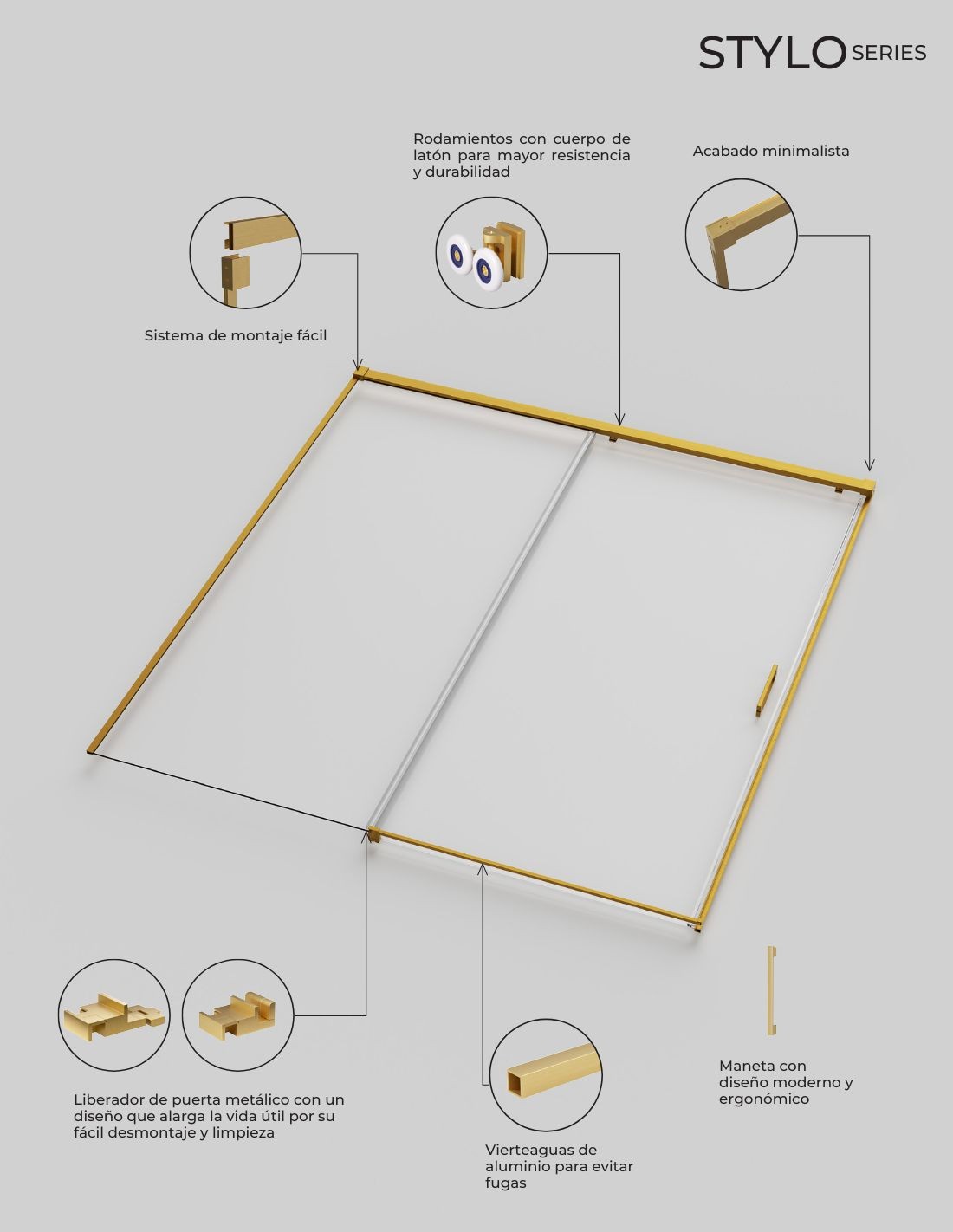 Mampara de ducha frontal Stylo 1 fijo + 1 corredera Oro Cepillado SB_X